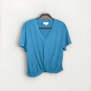 Evereve Shirt V-neck Slub Heather Blue Size Medium Front Tie Short Sleeve Tee‎